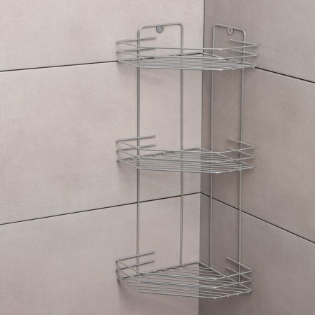 The bathroom shelf is an angular 3-tier, 20.5 × 20.5 × 52 cm, color chromium-1