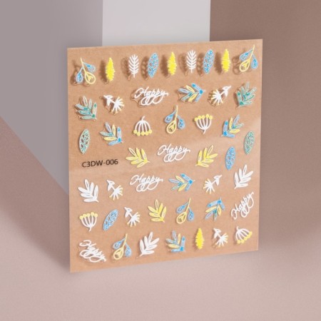 Nail stickers "leaves", voluminous, white/yellow/blue color-1