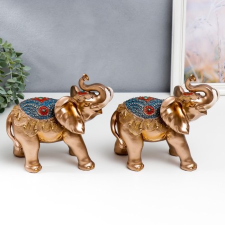 Souvenir Polystone "Golden Elephant in Blue Popone with Tasses" MIX 20x10.5x22 cm