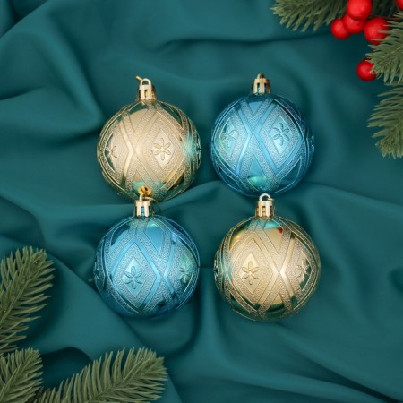 Set of balls plastic D-6 cm, 4 pcs "Flowering" golden blue