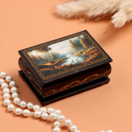 Casket "Cranes on the Pond", black, 6 × 9 cm, lacquer miniature