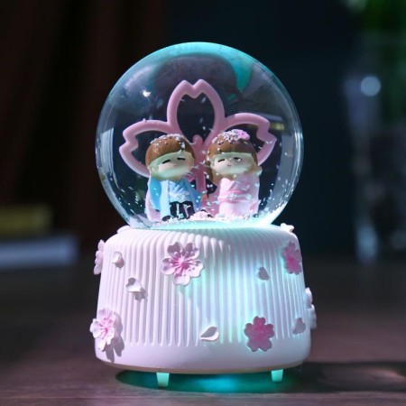 Souvenir polystone water ball light, music "kids at a large flower" mix 12x8x8 cm-1