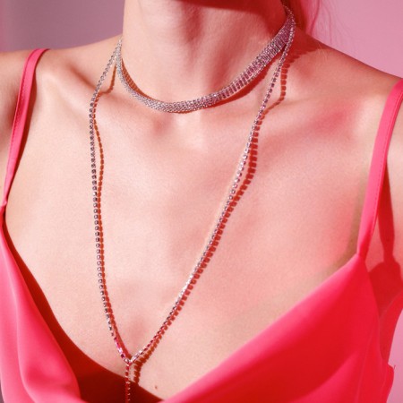 Choker "ice", white color in silver 4 rows, 44.5 cm-2