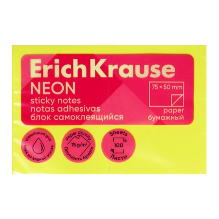 Block with a sticky edge paper 75x50 mm, Erichkrause "Neon", 100 sheets, yellow-1