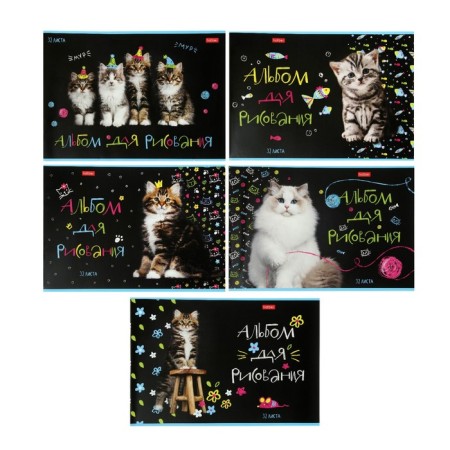 Album for drawing A4, 32 sheets on the paper clip "Cats", covered cardboard, block 100 g/m2, mix