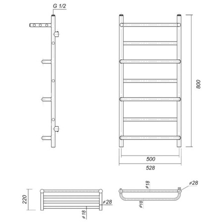Domoterm water heated towel rail "Orpheus" P7, 500x700 mm, with a shelf, bronze-2