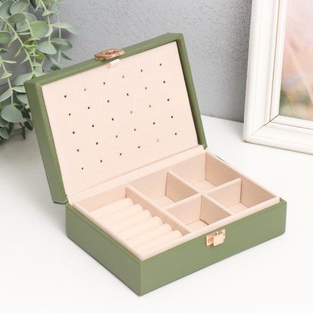 Casket to the leatherette for jewelry "Matte surface. Rectangular" Green 16x11.5x5.5 cm-2