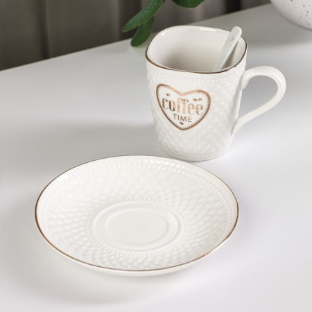 Coffee steam ceramic with a spoon of Coffee, 2 items: a mug of 190 ml, a saucer, a drawing mix-2