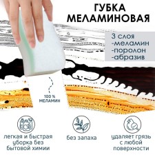 Melamin's sponge “Triple effect”, 3 layers: melamine, foam, abrasive, 11 × 7 × 3 cm