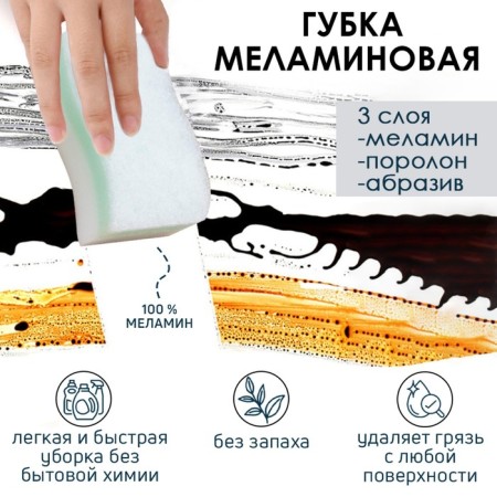 Melamin's sponge “Triple effect”, 3 layers: melamine, foam, abrasive, 11 × 7 × 3 cm