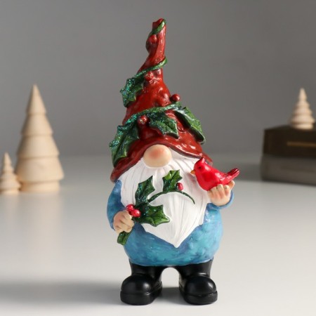 Suvenir Polystone "Santa Claus in a cap with berries, with a bird northern cardinal" 9x9x18.8 cm