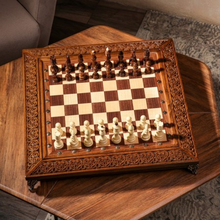 Handmade chess "Grossmaster", deep cutting, on legs, 55x55 cm, walnut array, Armenia