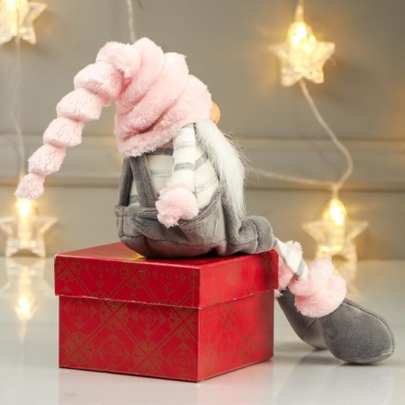 Interior doll "Grandpa in the gray overalls and pink cap" 39x17x11 cm-2