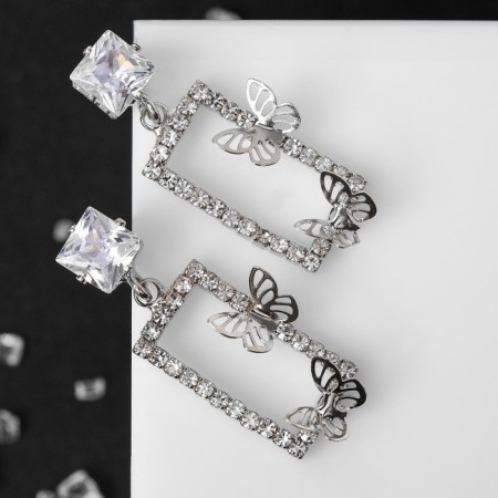 Earrings with rhinestones "flutter" butterflies in a rectangle, white color in silver-1