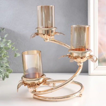 Summary metal, glass for 3 candles "Branch with leaves" D-5 cm gold 15x15x23.5 cm-1
