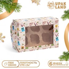 Упаковка на 6 капкейков с окном "Новогодняя почта", 25 х 17 х 10 см, 1 шт.