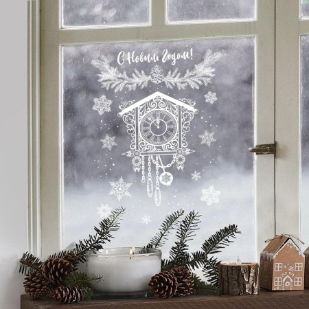 Stickers for the windows "Old Watch", reusable, 33 x 50 cm, new year-2