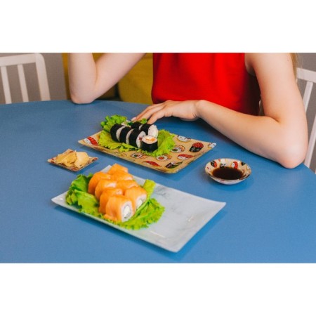 A set for sushi from glass of the “Marble White” shade, 3 objects: sauces 8 × 2 cm, 8 × 6 cm, stand 25 × 15 × 2 cm-9