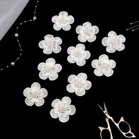 Knitted elements with beads "Double flowers", d = 4.5 cm, 10 pcs, white color-1
