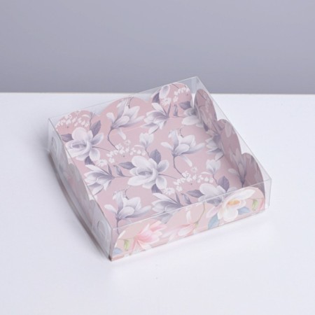 Bearbox, confectionery packaging with PVC lid, "flowers", 10.5 x 10.5 x 3 cm