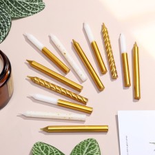 Set of candles for the Golden Party cake, 12 pcs, 8 cm, white and gold metallic