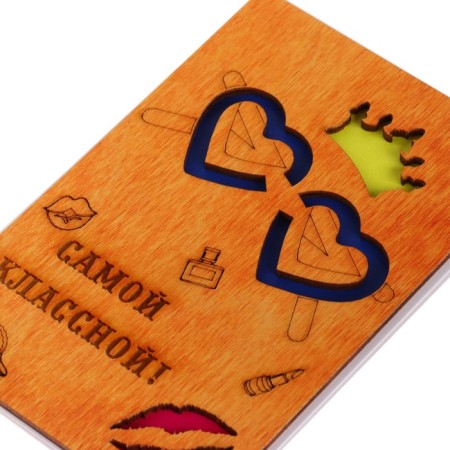 Wooden postcard "The most cool!" Glasses, lips-2