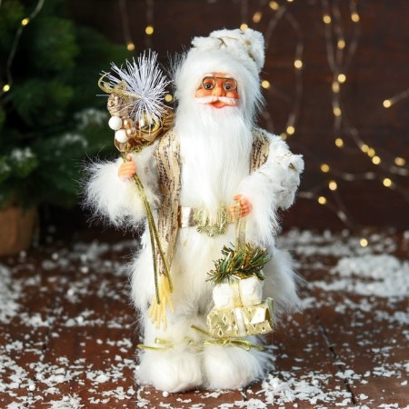 Santa Claus "with gifts and in the strap" 31 cm, white-gold