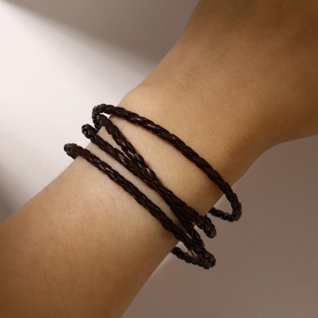 Unisex Bracelet "Leather Weaving", brown color with silver, 82 cm-2