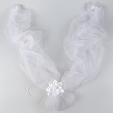 Tape on a hood of tulle with a kanzashi flower with bows on mirrors, white