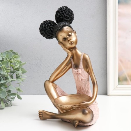 Polystone souvenir "Girl with curly tails, with a dish" pink-gold 17x12x27 cm