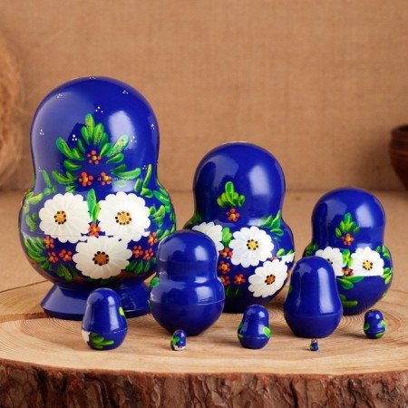 Nesting doll "white flowers", blue dress, 10 puppet, 12 cm-1