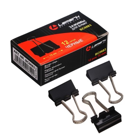 A set of paper clamps 15 mm, 12 pieces, in packaging, black