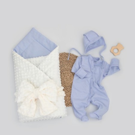 Kinderlitto “New First Wardrobe” discharge kit, 4 items, height 50-56 cm, dairy color, heavenly blue