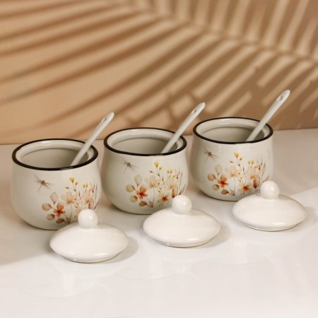 A set of ceramic cans for spices on a metal stand “Flowers”, 200 ml, 3 pcs, white color-6
