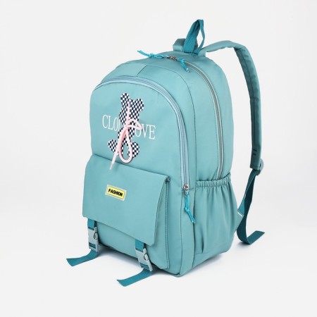 School backpack from textiles on a zipper, 3 pockets, turquoise color-2