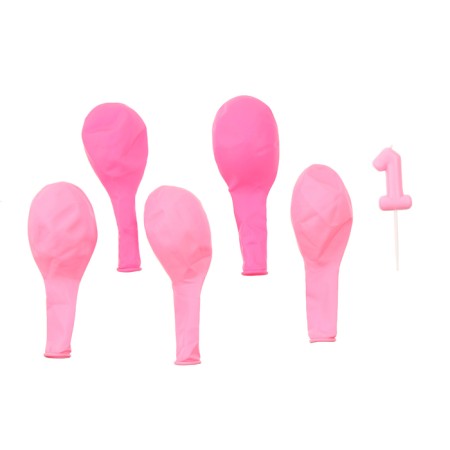 Set of candle in cake + 5 balls, number 1, pink-2
