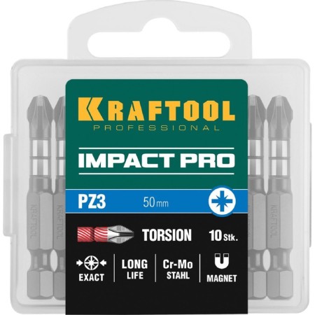 Bits Kraftool Impact Pro 26193-3-50-S10, E 1/4 ", 50 mm, PZ3, 10 pcs., Pozidriv, case-3