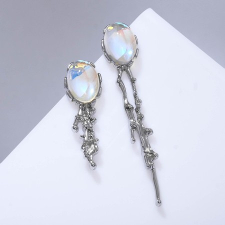 Earrings for the natural stone "mirror" with a lunar stone, rainbow color in silver-1