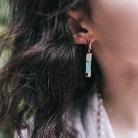 Geometry Earrings “Rectangle”, gilding, pink-turquoise color-1