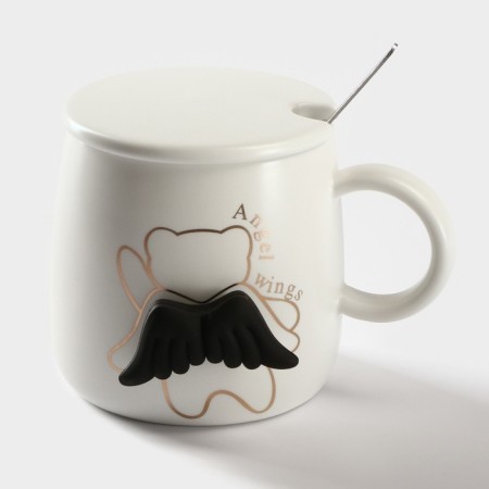Ceramic mug with a lid and a spoon "Angel", 350 ml, white color