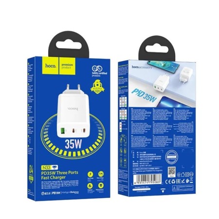 Network charger Hoco N33, 2 Type-C, 1 USB, 35 W, PD + Qc, white-8