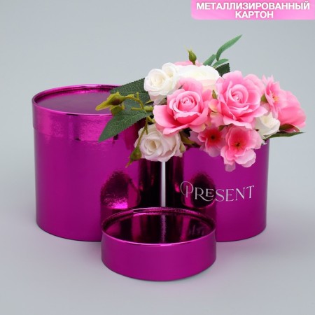 A set of boxes 2 in 1 round, gift packaging, “Present”, pink metallic, 12 x 12, 15 x 15 cm-1