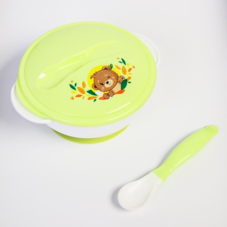 A set of children's dishes "Friends", 3 objects: a plate on a suction cup, cover, spoon, green color-2