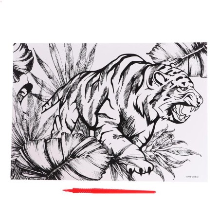 Engraving "Tiger in the jungle" with a metallic effect "Silver", A4-2