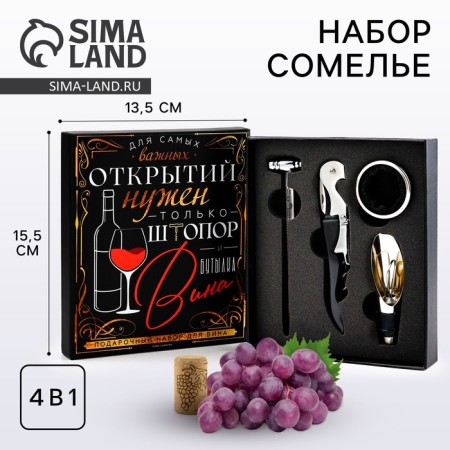 Gift set of corkscrew, aerator, cap, thermometer "for discoveries", 14 x 16 cm
