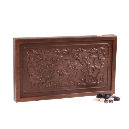 Carved backgammon "Falcon hunting", from an array of Buk, Patina, 50 x 58 cm