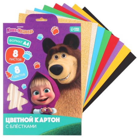 Cardboard color with sparkles, A4, 8 sheets, 8 colors, moped, bilateral, in the folder, 250 g/m², Masha and the bear-1