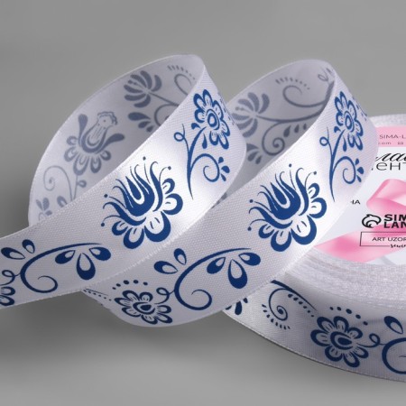 Satin tape "Gzhel", 25 mm × 23 ± 1 m, white color No. 001