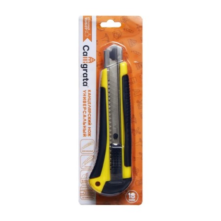 Chancellery knife 18 mm Plastic with met., Director, latch, rubberized mix in blister