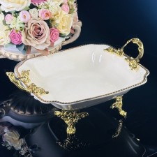 Блюдо глубокое с ручками Lenardi, на ножках, фарфор, длина 33 см